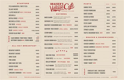 braiser's the village café menu